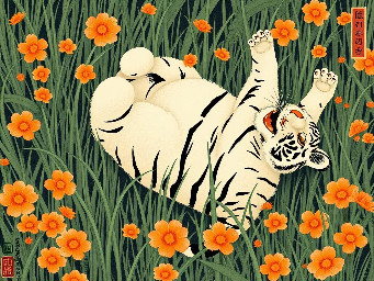 white tiger lying on its back and rolling in grass upside down, surrounded by orange flowers, very pleased and comfortable