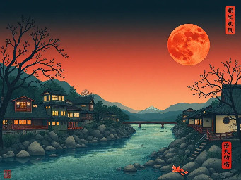 village, river and red moon