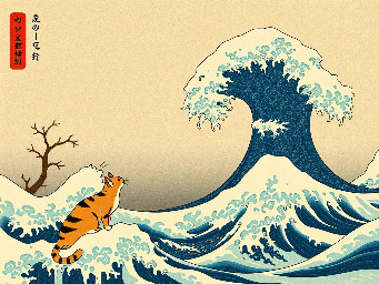 great wave over kanagawa with cats