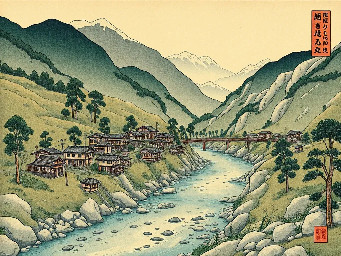 a small settlement in a valley that includes a river