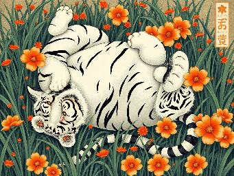 white tiger lying on its back and rolling in grass upside down, surrounded by orange flowers, very pleased and comfortable