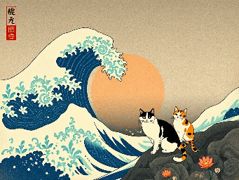 great wave over kanagawa with cats