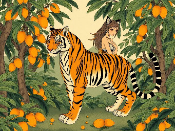 jungle, mango trees,mangos on ground(anthro tiger human) hybrid, female, (tiger tail, tiger ears, tiger striped body)bad anatomy, bad feet, bad hands, extra limbs, extra toes