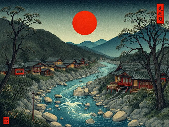 village, river and red moon