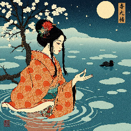 a japanese woman onmyoji of water during the night in the great frozen swamps