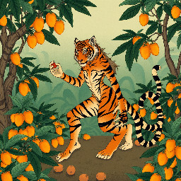 jungle, mango trees,mangos on ground(anthro tiger human) hybrid, female, (tiger tail, tiger ears, tiger striped body)bad anatomy, bad feet, bad hands, extra limbs, extra toes