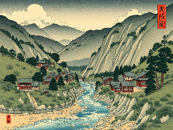 a small settlement in a valley that includes a river