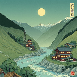 a small settlement in a valley that includes a river